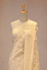 White Semi Banarasi Cotton Saree with Gold Zari Floral Jaal