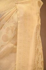 White Semi Banarasi Cotton Saree with Gold Zari Floral Jaal