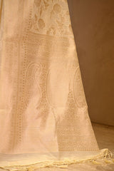 White Semi Banarasi Cotton Saree with Gold Zari Floral Jaal