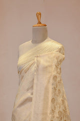 White Semi Banarasi Cotton Saree with Gold Zari Floral Jaal