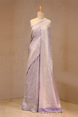 Lilac Soft Silk Saree with Silver Zari Floral Brocade and Mayur