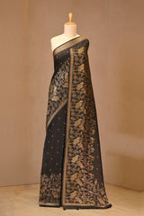 Black Soft Silk Saree with Antique Zari Floral Buti