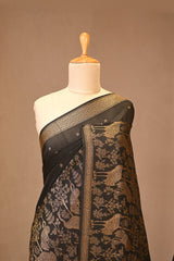 Black Soft Silk Saree with Antique Zari Floral Buti