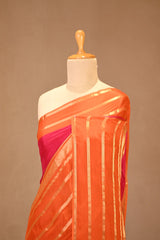 Pink Viscose Silk Saree with Gold Zari Stripes