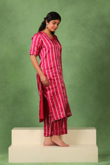 Magenta Pink Tissue Silk Kurta Pant Set with Silver Zari Vertical Stripes