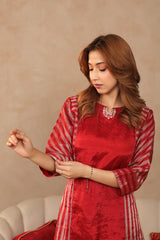 Dark Red Tissue Silk A-Line Kurta Pant Set for Brides Maid