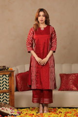 Dark Red Tissue Silk A-Line Kurta Pant Set for Brides Maid