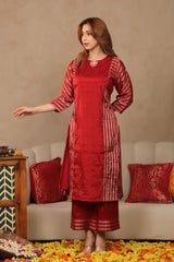 Dark Red Tissue Silk A-Line Kurta Pant Set for Brides Maid