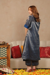 Midnight Blue Raw Silk Tissue Co-ord Set with Blazer and Inner Top