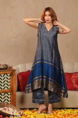 Midnight Blue Raw Silk Tissue Co-ord Set with Blazer and Inner Top