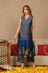 Midnight Blue Raw Silk Tissue Co-ord Set with Blazer and Inner Top