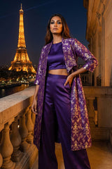 Royal Purple Banarasi Raw Silk Overlay Jacket with Gold Zari Floral Motifs