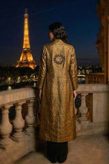 Metallic Brown Tissue Silk Longline Open-Front Jacket with Shawl Collar