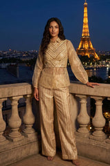 Beige Banarasi Silk Three-Piece Co-Ord Set with Organza Jacket