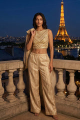 Beige Banarasi Silk Three-Piece Co-Ord Set with Organza Jacket