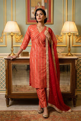 Red Banarasi Silk Suit Set with Zari Woven Stripes