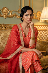 Red Banarasi Silk Suit Set with Zari Woven Stripes
