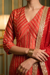 Red Banarasi Silk Suit Set with Zari Woven Stripes