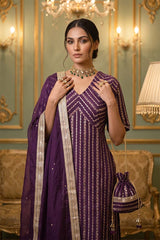 Purple Banarasi Silk Suit Set with Zari Woven Stripes