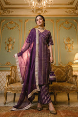 Purple Banarasi Silk Suit Set with Zari Woven Stripes By Chinaya Banaras