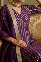Purple Banarasi Silk Suit Set with Zari Woven Stripes
