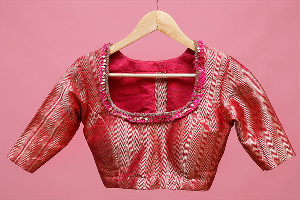 Fuschia Pink Handwoven Banarasi Silk Blouse - Chinaya Banaras