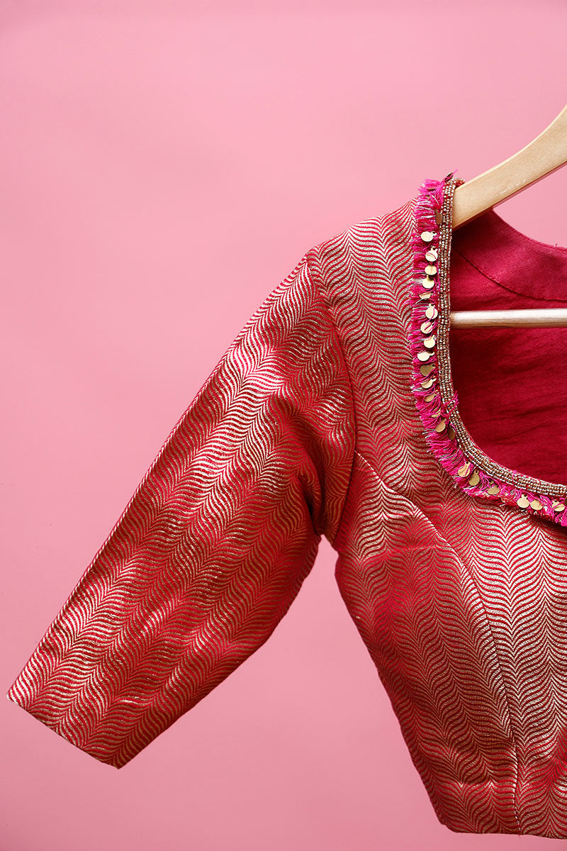 Fuschia Pink Handwoven Banarasi Silk Blouse - Chinaya Banaras