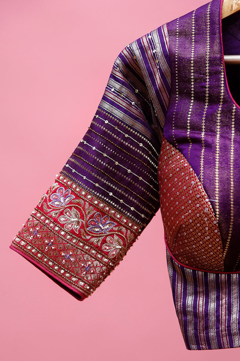 Purple Handwoven Banarasi Silk Blouse - Chinaya Banaras