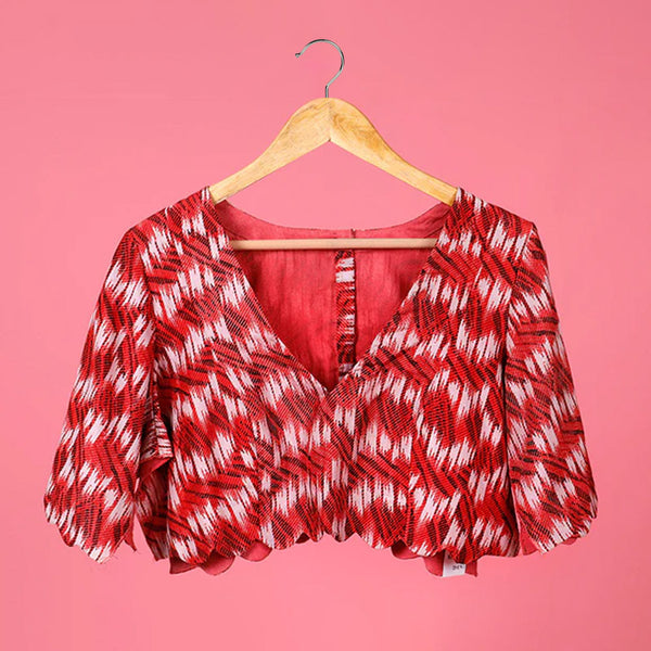 Red & White Geometrical Printed Silk Blouse