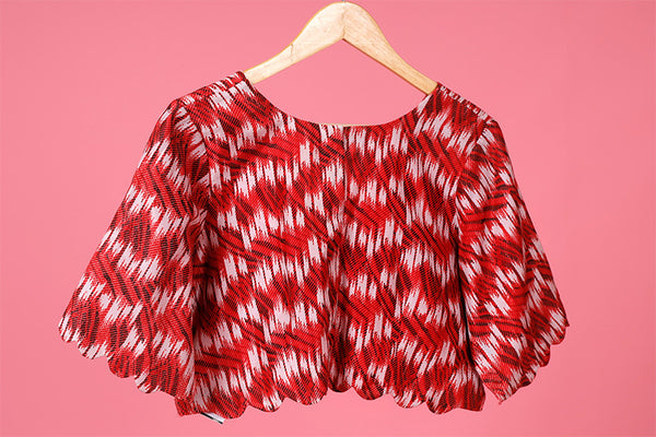 Red & White Geometrical Printed Silk Blouse
