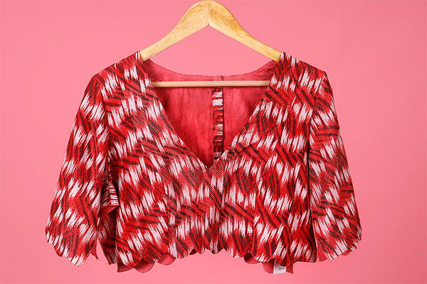 Red & White Printed Blouse  By Chinaya Banaras