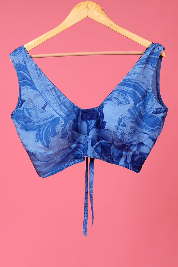Blue Floral Printed Silk Blouse By Chinaya Banaras