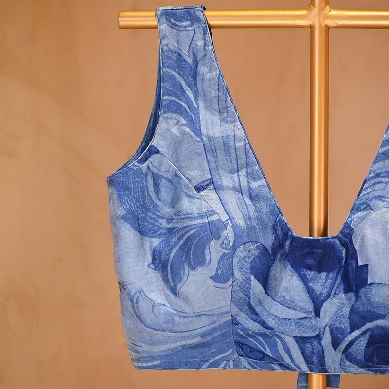 Blue Floral Printed Silk Blouse