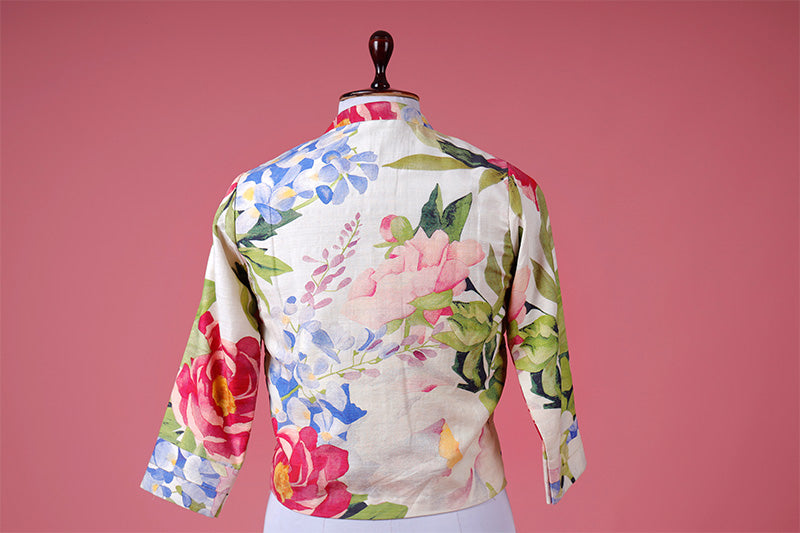 White Floral Printed Raw Silk Blouse