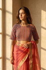 Red & Black Stripe Printed Silk Blouse