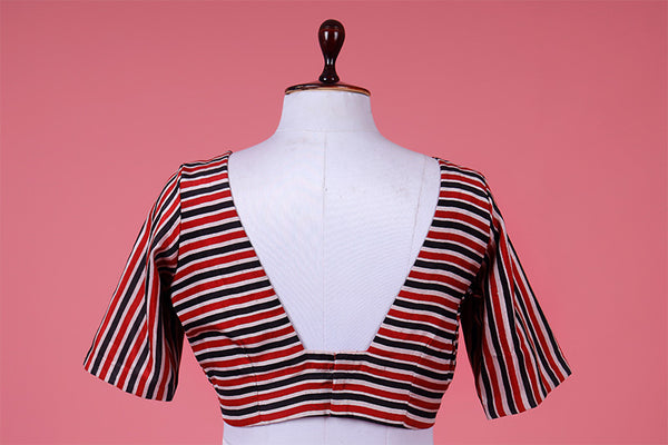 Red & Black Stripe Printed Silk Blouse