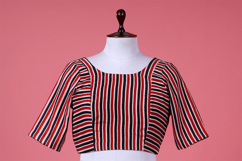 Red & Black Stripe Printed Silk Blouse By Chinaya Banaras