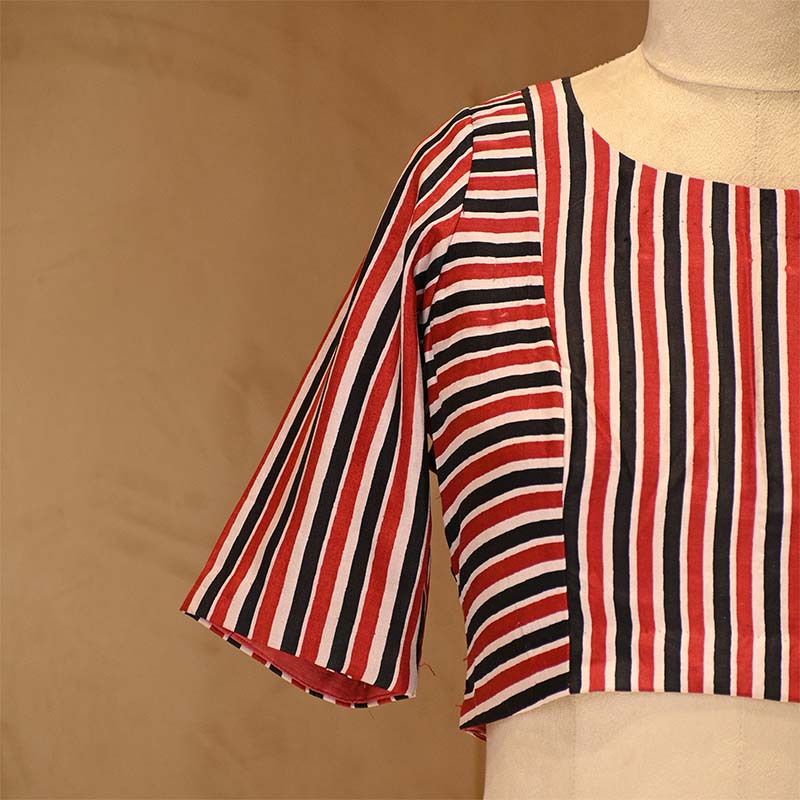 Red & Black Stripe Printed Silk Blouse