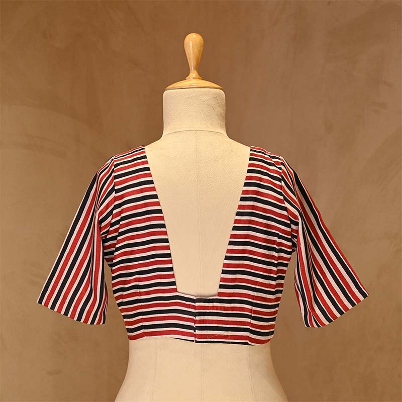 Red & Black Stripe Printed Silk Blouse