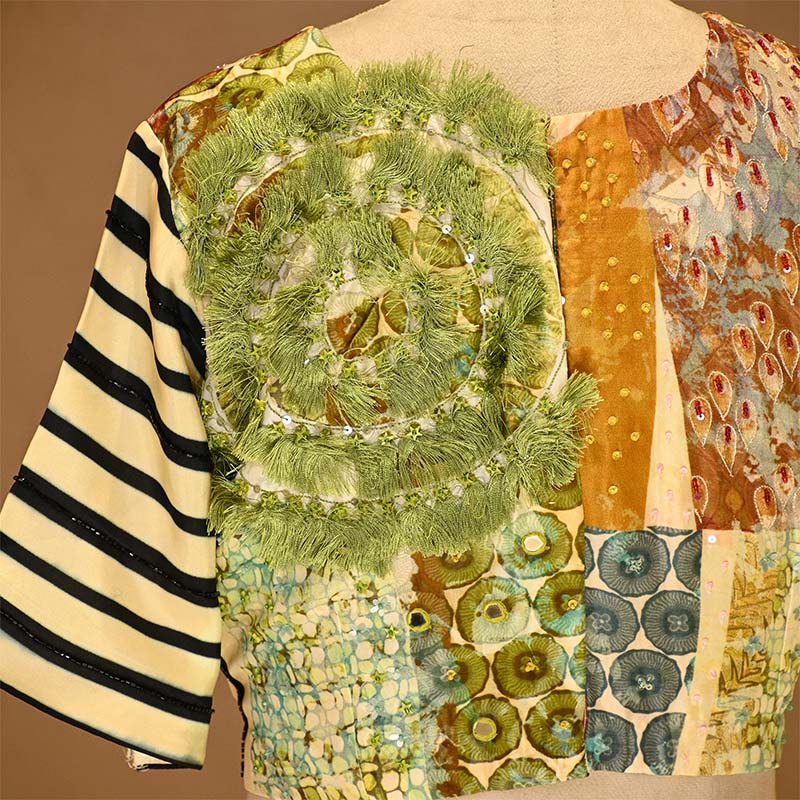 Multicolored Abstaract Printed Embellished Silk Blouse