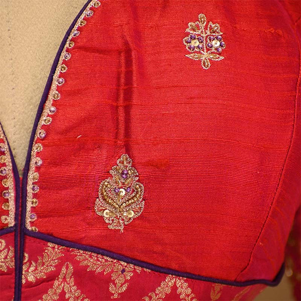 Red Banarasi Blouse Designed with Cutdana & Aari Handwork