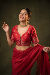 Red Banarasi Blouse Designed with Cutdana & Aari Handwork