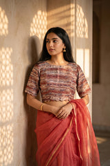 Brown Abstract Printed Pure Raw Silk Blouse with Curved Half Sleeves
