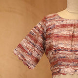 Brown Abstract Printed Pure Raw Silk Blouse with Curved Half Sleeves