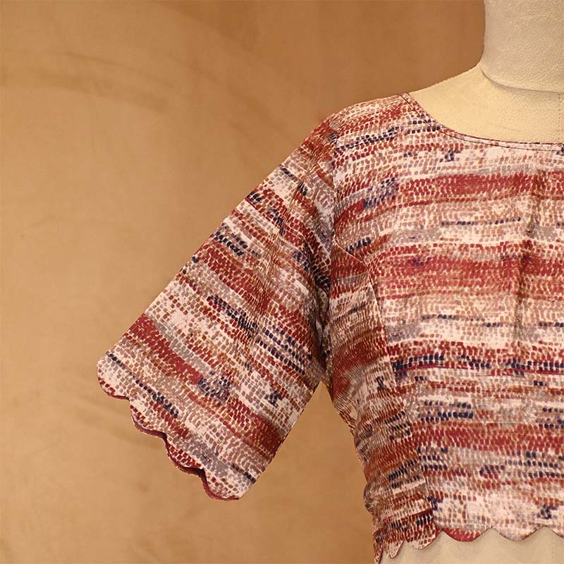 Brown Abstract Printed Pure Raw Silk Blouse with Curved Half Sleeves
