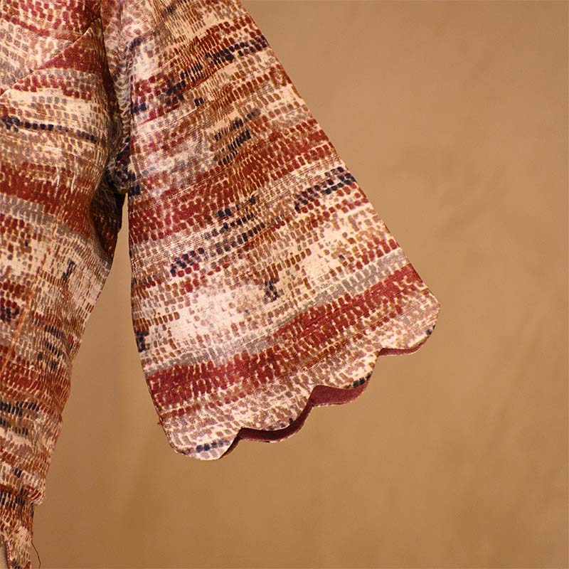 Brown Abstract Printed Pure Raw Silk Blouse with Curved Half Sleeves