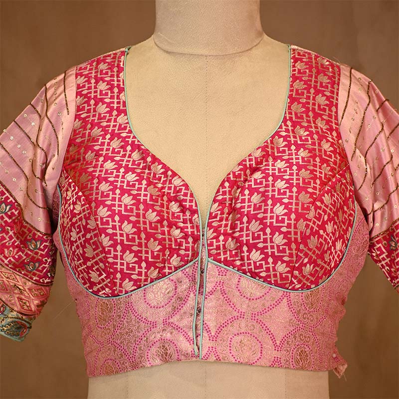 Baby Pink Banarasi Silk Blouse with Katdana Handwork