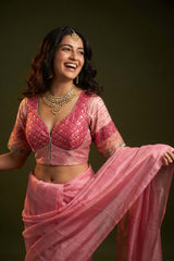 Baby Pink Banarasi Silk Blouse with Katdana Handwork