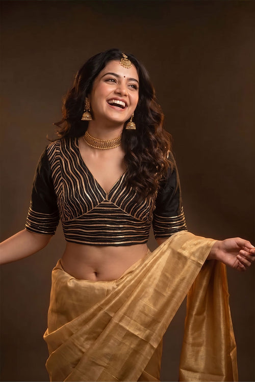Black Raw Silk Blouse with Stripes and Pichwai Motifs