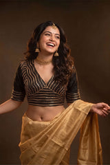 Black Raw Silk Blouse with Stripes and Pichwai Motifs